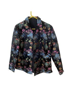 Womens Black Satin Jacket Lightweight XL Open Front Floral Asian Multicolor
